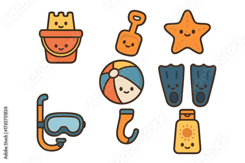 Cute summer beach vacation items set with smiling faces including snorkel mask flippers and sand toys