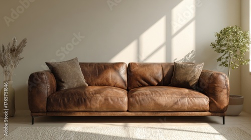 Stylish warm brown leather couch in bright natural light, neutral beige background, minimal interior mockup for poster or artwork presentation, cozy aesthetic