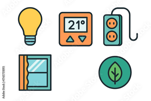 Smart home climate control and energy saving symbols: thermostat, light bulb, window