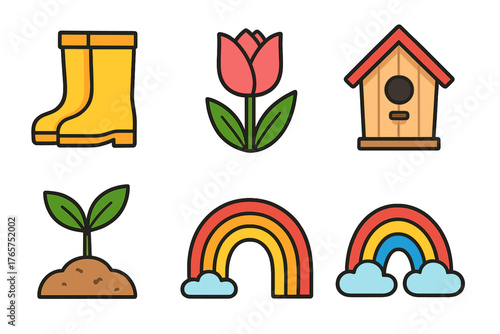 Spring gardening elements including rubber boots, blooming tulip, birdhouse, young plant, and rainbow