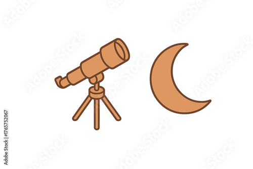 Telescope on a tripod observing the crescent moon and night sky for astronomy research