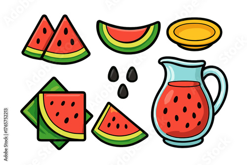 Collection of fresh watermelon slices, juice pitcher, and seeds for summer design