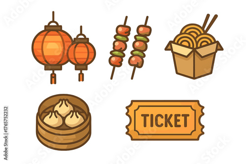 Traditional Asian street food and festival elements including lanterns noodles and dumplings