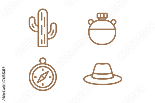 Cactus canteen compass and explorer hat symbols for desert adventure