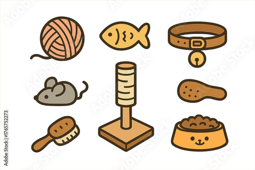 Essential accessories and toys collection for domestic cats including food and grooming supplies