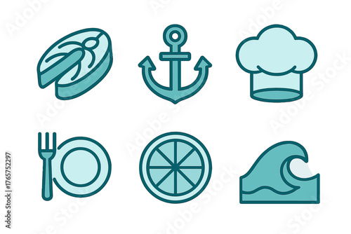 Teal symbols for seafood, culinary arts, and maritime themes including fish steak, anchor, and chef hat