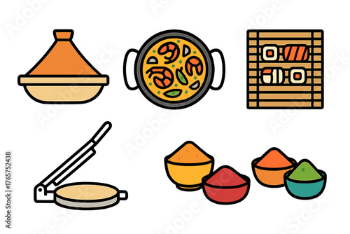 Diverse international cooking and food icons set featuring tagine paella sushi and spices