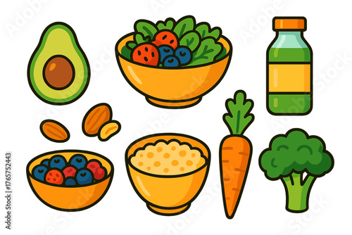 Collection of healthy food items including fresh vegetables, fruits, nuts, and whole grains for balanced diet