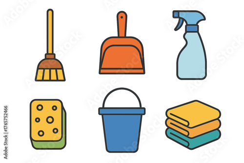 Colorful set of household cleaning supplies icons including broom dustpan spray bottle sponge and towels