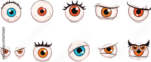 Cartoon Eyes Collection with Various Expressions and Colors on White Background