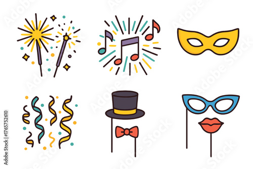 Collection of festive party elements and accessories like sparklers, musical notes, and carnival masks