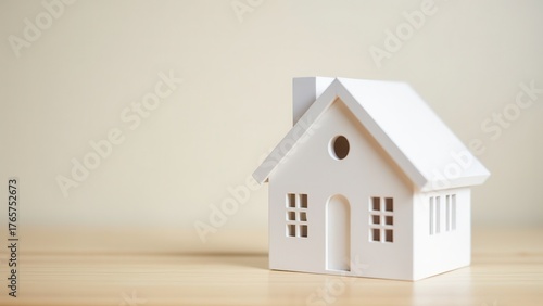 white wooden model house on wooden surface against neutral background with soft light showing miniature home symbol concept of real estate, mortgage, homeownership industry