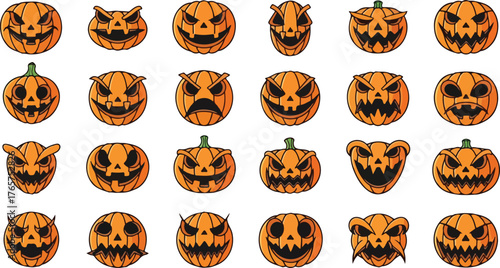 Collection of cartoon jackolantern faces expressing different spooky Halloween emotions