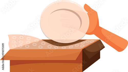 Hand placing a fragile plate inside a cardboard box over bubble wrap for safe packaging and shipping