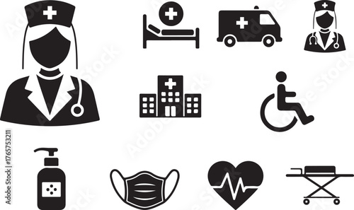 Healthcare themed icon set showing different aspects of medical care