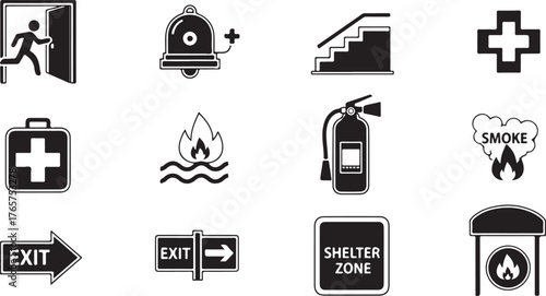 Emergency and safety symbols displayed in black and white graphic illustration