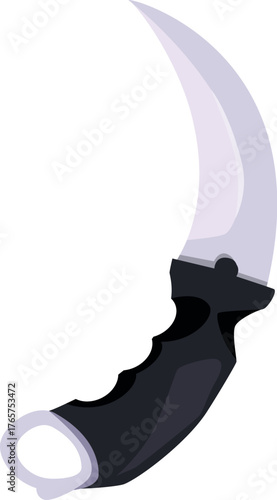 Close up of a karambit knife featuring a curved silver blade and a black handle, isolated on white background