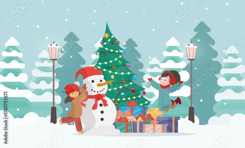 Children building snowman with christmas tree and gifts