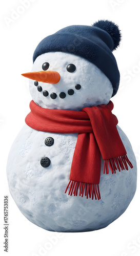 A cheerful snowman with a red scarf and a blue hat.