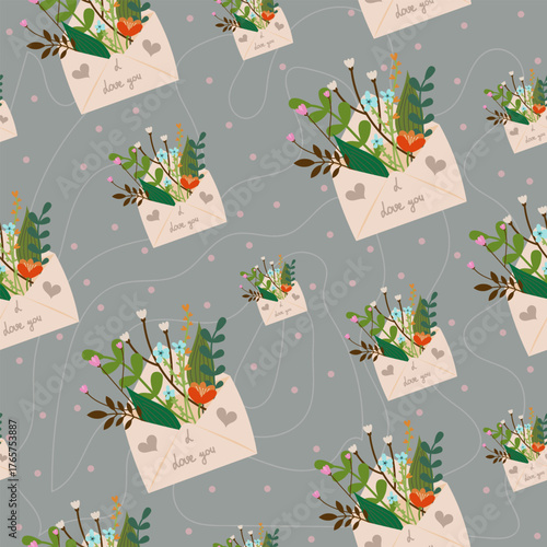 Soft gray seamless pattern with floral envelopes – elegant botanical design background