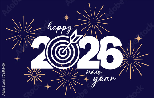 Festive graphic for 2026 with stylized white numbers, elegant script text, and exploding gold fireworks on a deep navy blue background. Perfect for New Year's celebration greetings.