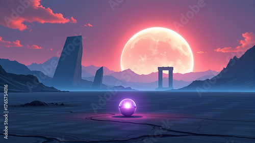 Wallpaper Mural A vast, empty landscape under a glowing neon sky, where oversized geometric shapes loom like ancient monoliths. Wisps of luminous energy swirl around, creating a surreal dance of light. In the foregro Torontodigital.ca