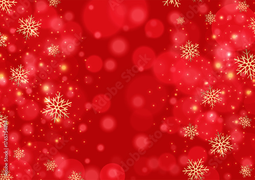 Red Christmas background with snowflakes and bokeh lights