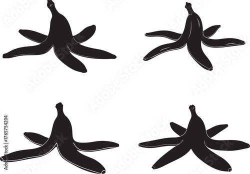 Four black ink brush stroke illustrations of banana peels arranged in a grid pattern