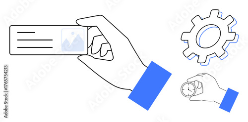 Hand presenting ID card, gear symbolizing settings, clock denoting time. Ideal for identity, management, time tracking, process efficiency, work planning settings organization. Simple flat metaphor
