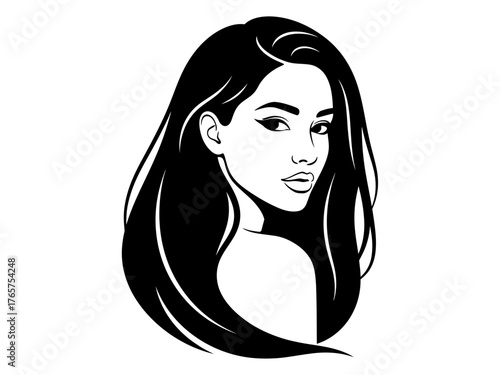 Elegant portrait illustration of a woman with flowing hair, isolated on transparent background