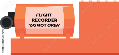 Orange flight recorder showing do not open warning sign lying near airplane wreckage after plane crash