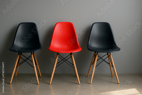 Stylish minimal furniture setup with three chairs contrasting red and black against plain gray contemporary wall