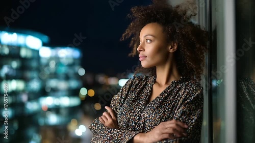 Pregnant executive with curly hair, standing close to glass window, arms crossed, looking out at glowing skyscrapers, confident mood. pregnant executive night