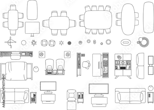 top view furniture plan, modern home interior layout, living room and office furniture symbols, dining and bedroom vector set, architectural cad design elements, furniture blueprint illustration