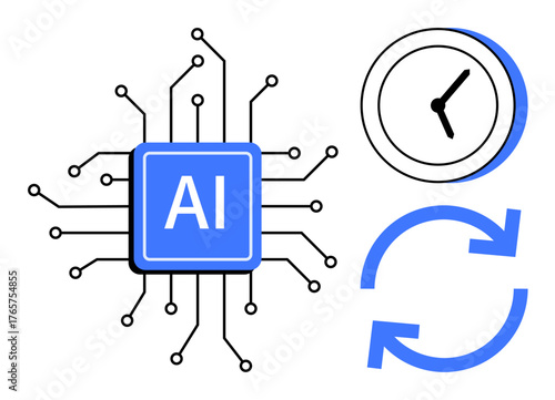 AI chip connected with circuits, wall clock, and refresh arrows representing automation, efficiency, and innovation. Ideal for AI, time optimization, productivity, automation technology machine