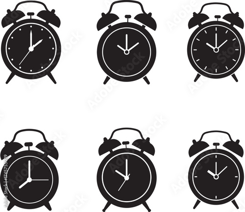 Collection of black silhouette vintage alarm clocks with bells and stands on white background