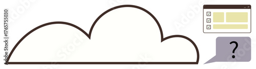 Cloud outline connected to an interface screen with file organization and a speech bubble showing a question mark. Ideal for data management, online storage, tech support, automation, cloud