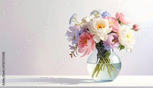 Wallpaper Mural Bouquet of pastel blooms in glass vase on clean background, featuring soft pink, white, and lavender flowers, creating peaceful and elegant floral arrangement for home decor Torontodigital.ca