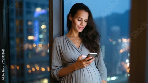 Pregnant executive with curly hair, standing close to glass window, arms crossed, looking out at glowing skyscrapers, confident mood. pregnant executive night, maternity businesswo