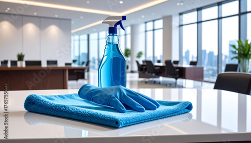 Wallpaper Mural Blue cleaning spray bottle, rubber gloves, and microfiber cloth on glossy office desk, modern luxury workspace background, bright natural light, cleanliness and freshness concept Torontodigital.ca