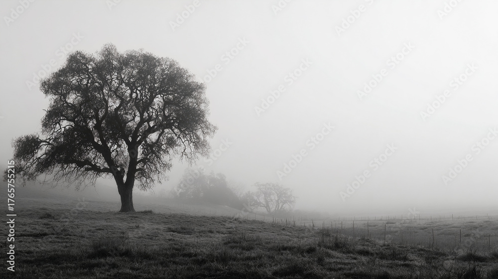 Obraz premium lonely tree in foggy black and white landscape with soft light