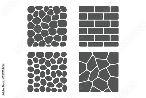 Monochromatic geometric patterns featuring natural stone paving and classic brick wall textures