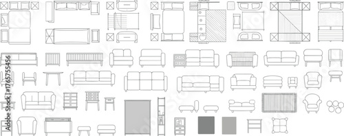 Top view furniture symbols, interior design elements, architectural layout icons, room planning reference, vector furniture set, space arrangement guide, home decor illustration