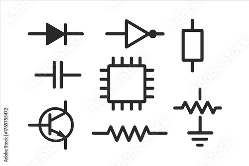 Basic electronic circuit component symbols set including diode capacitor resistor and chip