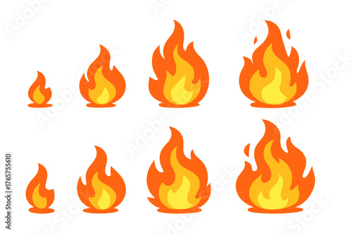 Set of stylized orange and yellow fire flames representing heat, energy, and danger symbols