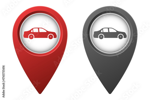 Active red and inactive gray map pointer or marker with car icon