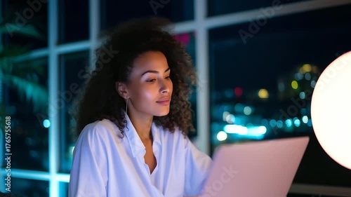 Pregnant professional with curly hair, smiling during video call on laptop, reflections of neon city lights in window glass behind