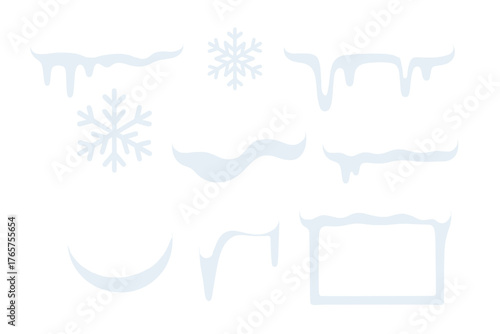 Assortment of fluffy white snowdrifts, hanging snow caps, icy borders, and crystal blue snowflakes