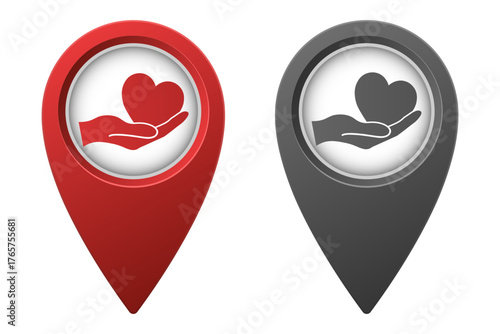 Active red and inactive gray map pointer or marker with heart in hand icon