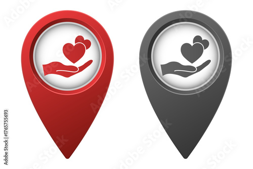 Active red and inactive gray map pointer or marker with hearts in hand icon